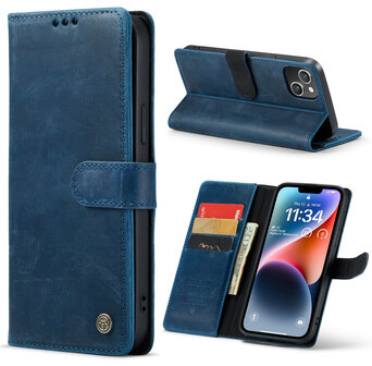 iPhone 14 Plus Blauw - Lederen Book Case