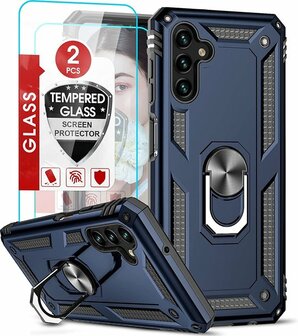 Samsung M23 Blauw &amp;amp; 2X Glas - Armor met Kickstand Ring