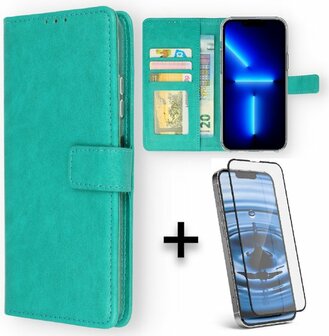 iPhone 13 Mini - Book Case &amp;amp; Full Glas - Turquoise