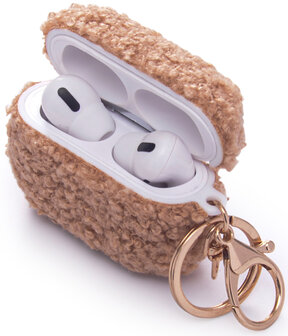AirPods Pro &amp;amp; Pro 2 - Bruin - Schokbestendig Teddy Furr Cover met Ring &amp;amp; Sleutelhanger