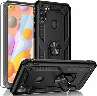 Samsung M11 Zwart - Armor met Kickstand Ring &amp;amp; Glas