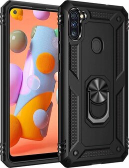 Samsung M11 Zwart - Armor met Kickstand Ring &amp;amp; Glas