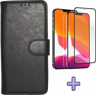 iPhone 12 Pro Max - HQ Book Case &amp;amp; Full Glas - Zwart