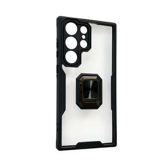 Samsung S23 Ultra Zwart - Transparant Back Cover Kickstand Ring