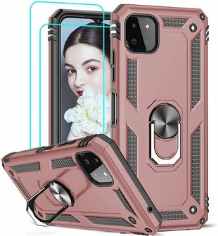 Samsung A22 5G Ros&eacute;goud 2X Glass - Armor met Kickstand Ring