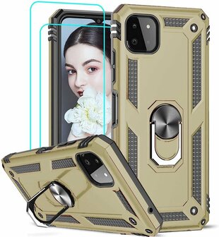 Samsung A22 5G Goud 2X Glass - Armor met Kickstand Ring