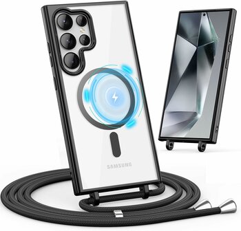 Samsung S25 Ultra - Zwart - MagSafe TPU met Koord &amp;amp; Glas