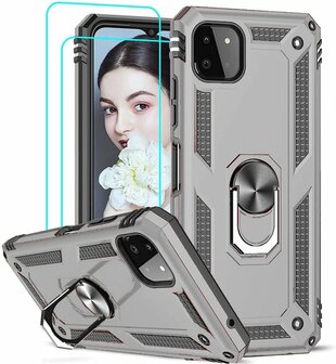 Samsung A22 5G Grijs 2X Glass - Armor met Kickstand Ring