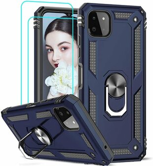 Samsung A22 5G Donker Blauw 2X Glass - Armor met Kickstand Ring