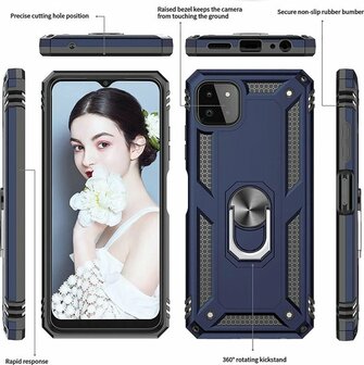 Samsung A22 5G Donker Blauw 2X Glass - Armor met Kickstand Ring
