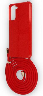 Samsung S21 Rood - Glitter Back Cover met Koord