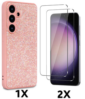 Samsung S25 Plus - Roze - Diamant Glitter &amp;amp; 2x Glas