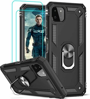 Samsung A22 5G Zwart &amp;amp; 2X Glas - Armor met Kickstand Ring