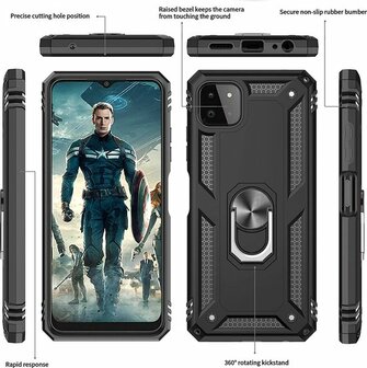 Samsung A22 5G Zwart &amp;amp; 2X Glas - Armor met Kickstand Ring