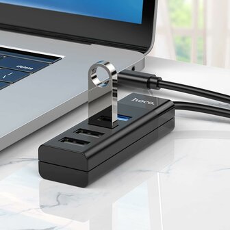 Hoco 4 in 1 Poort USB Hub - Type C naar 1X USB-A 3.0 en 3X USB-A 2.0 - Zwart