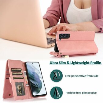 Samsung S22 Plus Roze - Book Case met Rits &amp;amp; Extra Vakken