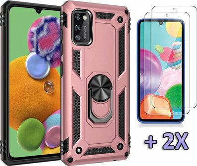 Samsung A41 Ros&eacute;goud - Armor met Kickstand Ring &amp;amp; 2X Glas