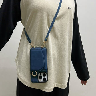 iPhone 16 Pro - Navy Blue - 2 in 1 MagSafe Wallet Case met Koord