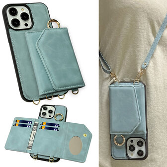 iPhone 16 Pro Max - Aqua Blue - 2 in 1 MagSafe Wallet Case met Koord