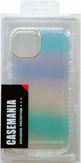 iPhone 14 Plus - Regenboog Glitter Back Cover - Blauw