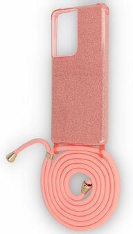 Samsung S21 Ultra Roze - Glitter Back Cover met Koord