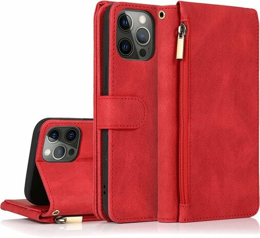 iPhone 13 Pro Max Rood - Book Case met Rits &amp; Extra Vakken