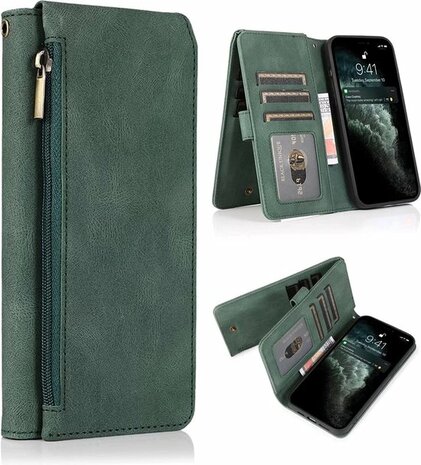 iPhone 13 Pro Max Groen - Book Case met Rits &amp; Extra Vakken