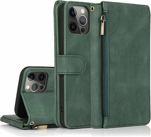 iPhone 13 Pro Max Groen - Book Case met Rits &amp; Extra Vakken