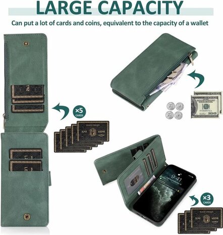 iPhone 13 Pro Max Groen - Book Case met Rits &amp; Extra Vakken