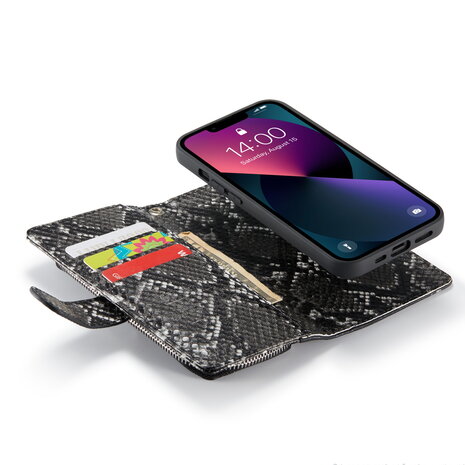 iPhone 13 Mini - Zwart - 2 in 1 Slangen Portemonnee Book Case met Rits