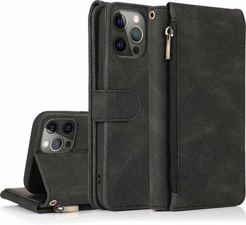 iPhone 13 Pro Zwart - Book Case met Rits &amp; Extra Vakken