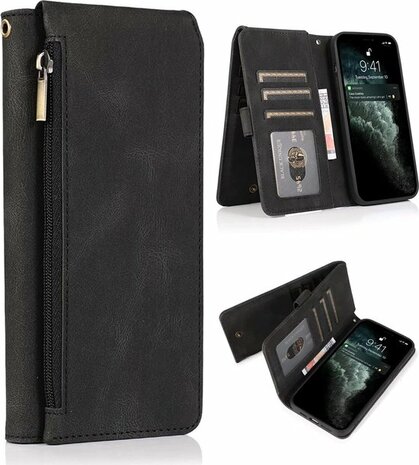 iPhone 13 Pro Zwart - Book Case met Rits &amp; Extra Vakken