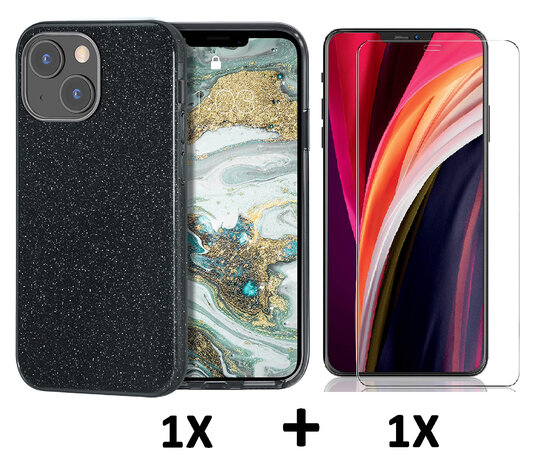iPhone 14 - Glitter Back Cover &amp; Glas - Zwart