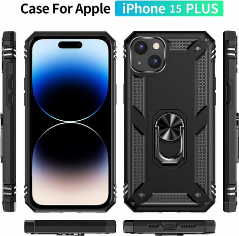 iPhone 15 Plus Zwart - Armor met Kickstand Ring