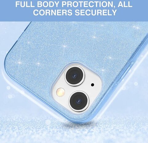 iPhone 14 - Glitter Back Cover &amp; Glas - Blauw