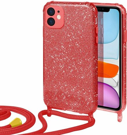 iPhone 11 Rood - Glitter Back Cover met Koord