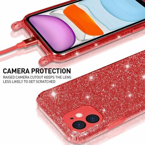 iPhone 11 Rood - Glitter Back Cover met Koord