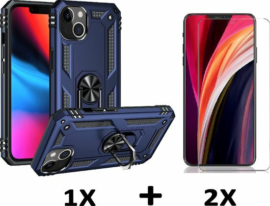 iPhone 13 Mini Blauw &amp; 2X Glas - Armor met Kickstand Ring
