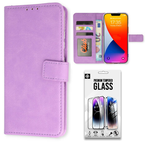 iPhone 15 - Book Case &amp; Glas - Paars