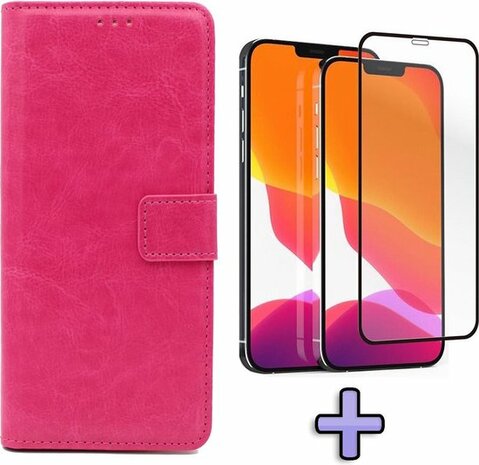 iPhone 12 Pro Max - Book Case &amp; Full Glas - Roze