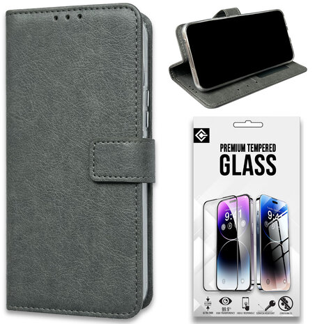 iPhone 15 Pro - Book Case &amp; Glas - Grijs