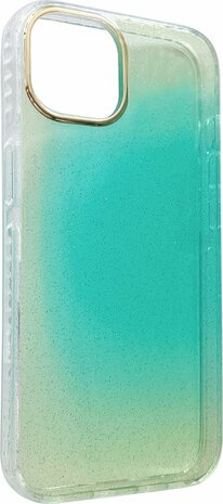 iPhone 14 - Regenboog Glitter Back Cover - Turquoise