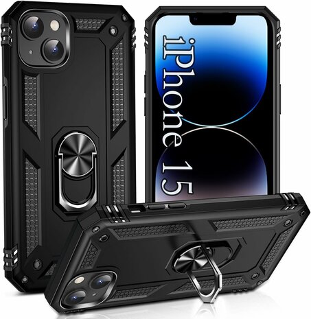 iPhone 15 Zwart - Armor met Kickstand Ring