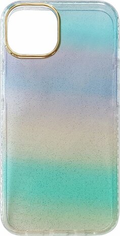 iPhone 14 - Regenboog Glitter Back Cover - Blauw