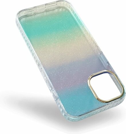 iPhone 14 - Regenboog Glitter Back Cover - Blauw