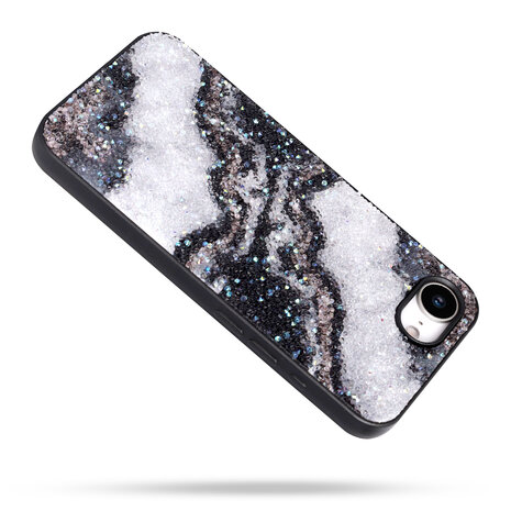 iPhone 16E - Marmer Diamant Glitter - Zwart