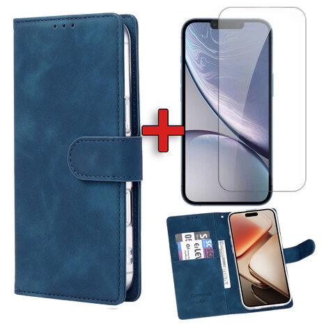 iPhone 16e - Suide Book Case &amp; Glas - Blauw