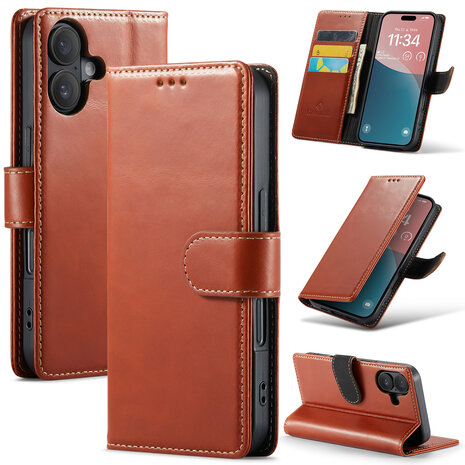 iPhone 16 - Bruin - Lederen Book Case