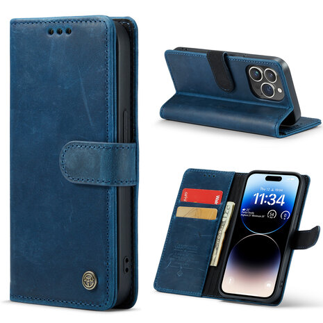 iPhone 14 Pro Blauw - Lederen Book Case