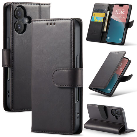 iPhone 16 - Zwart - Lederen Book Case